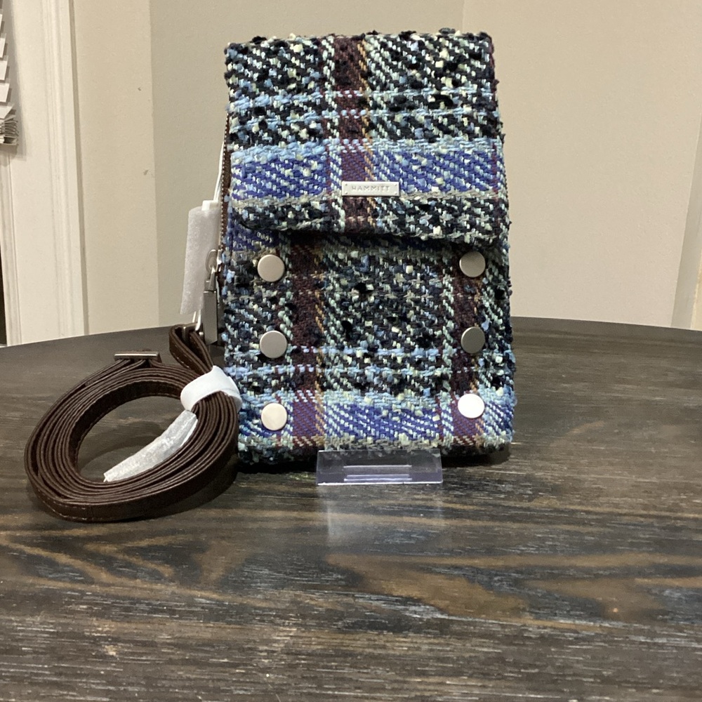 Hammitt Blue and Brown Tweed and Brown Leather VIP Mobile Crossbody Bag - Picture 2 of 12